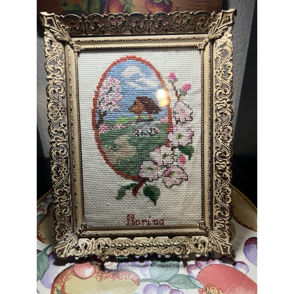 VTG Handmade Cross Stitch SPRING In Gold Toned Frame 8in X 6in